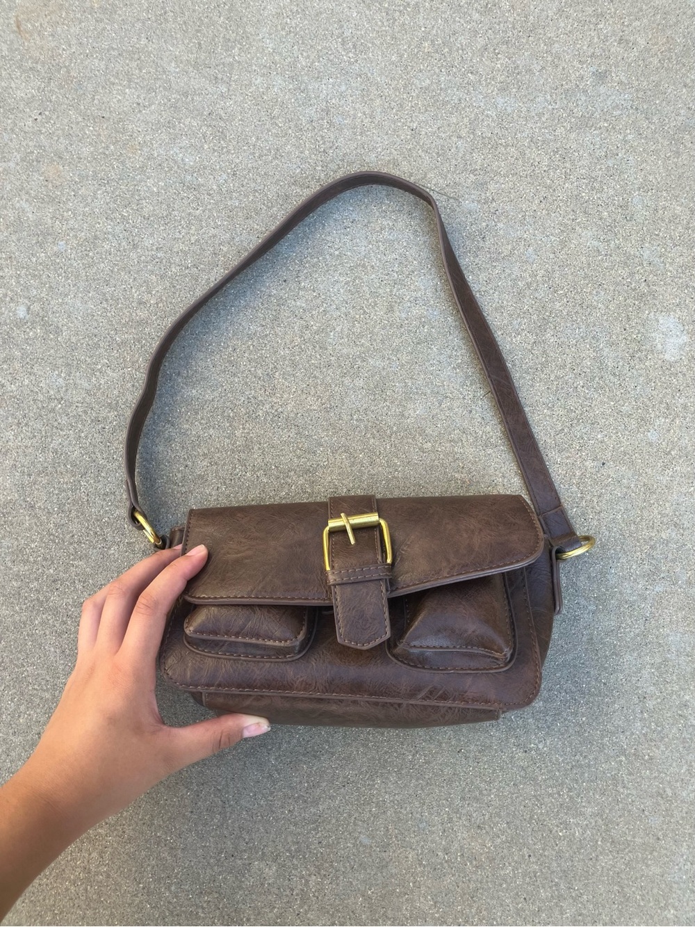 Brandy Melville Brown Faux-Leather Shoulder Bag with Buckle